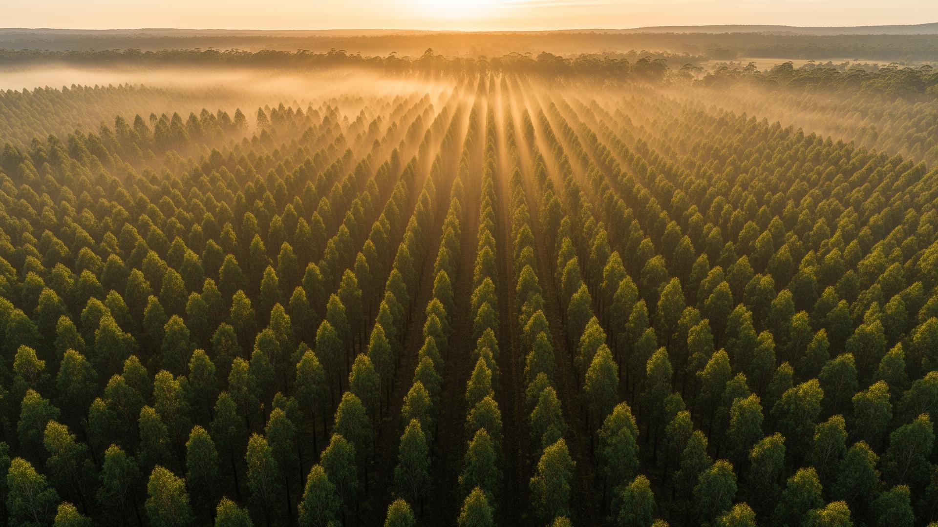 Floresta de eucalipto vista de drone ao amanhecer